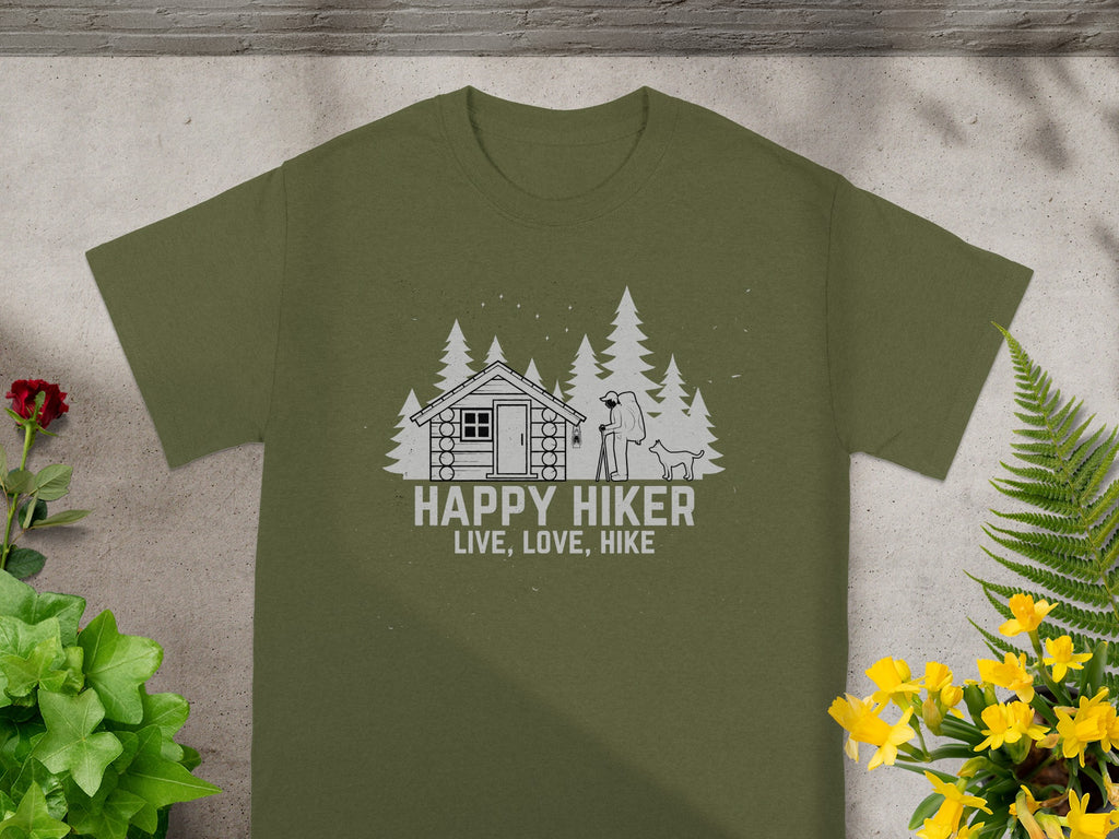 Olive t-shirt with "Happy Hiker Live, Love, Hike" graphic.