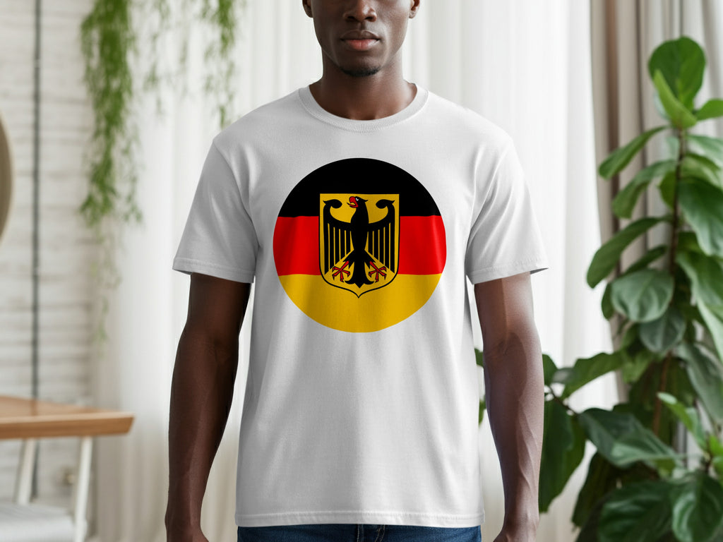 White t-shirt with the German flag and coat of arms in a circle on the chest.