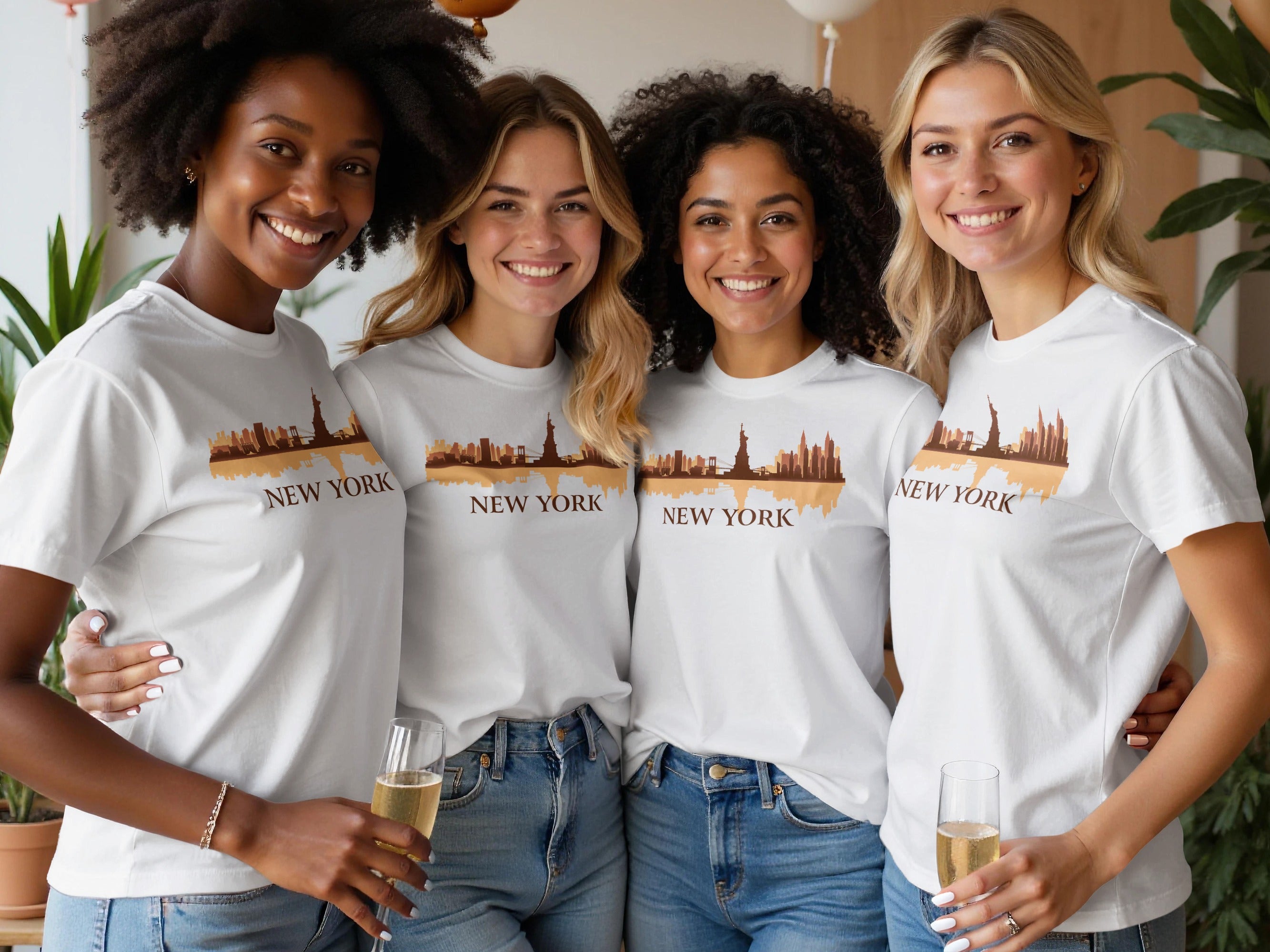 Four women in white t-shirts with a New York City skyline graphic and text.