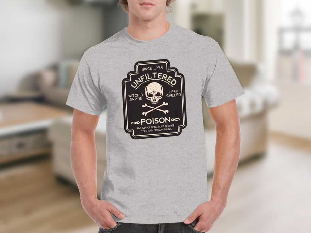 Grey t-shirt with vintage poison label featuring a skull and crossbones.