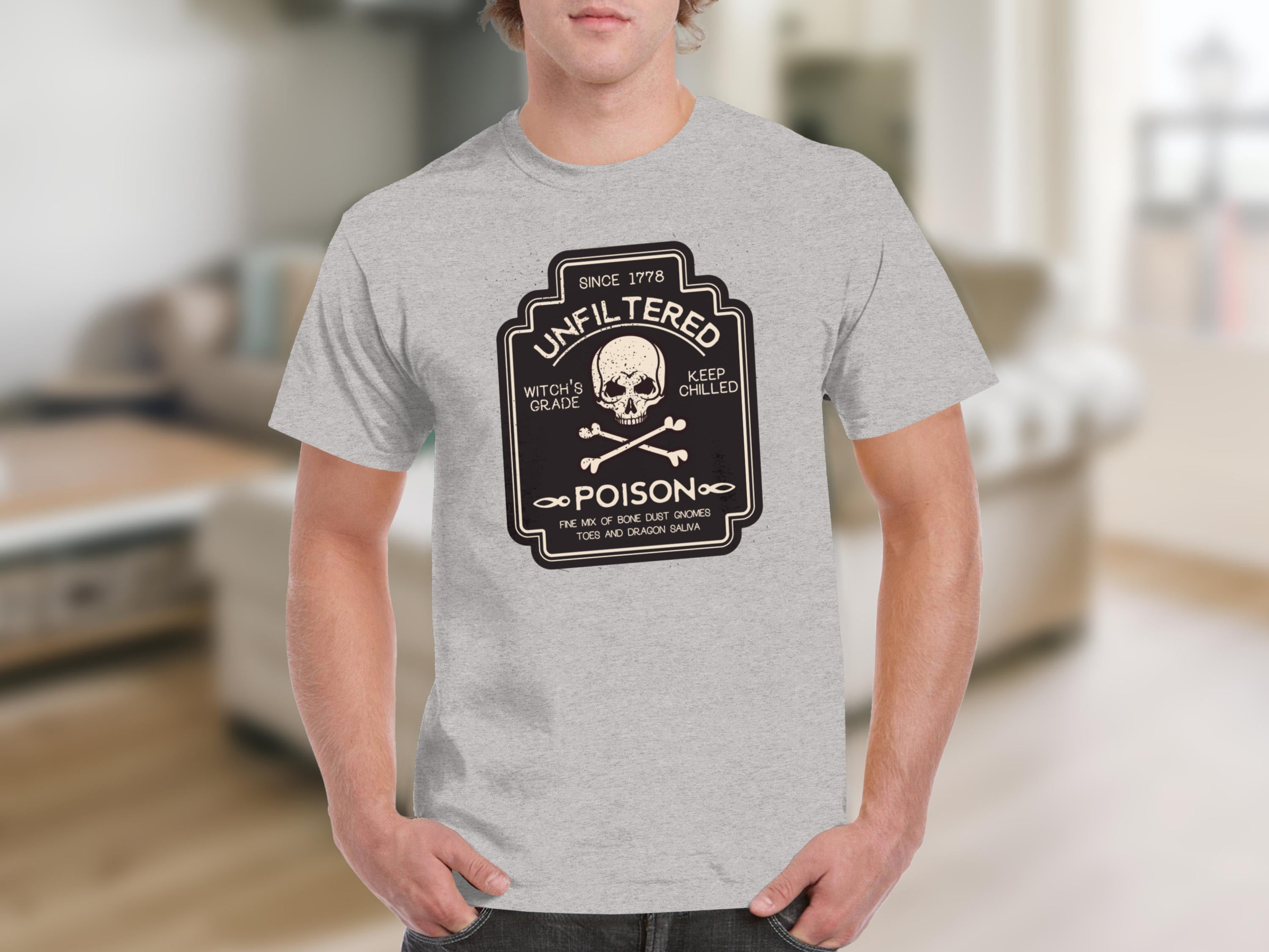 Grey t-shirt with vintage poison label featuring a skull and crossbones.