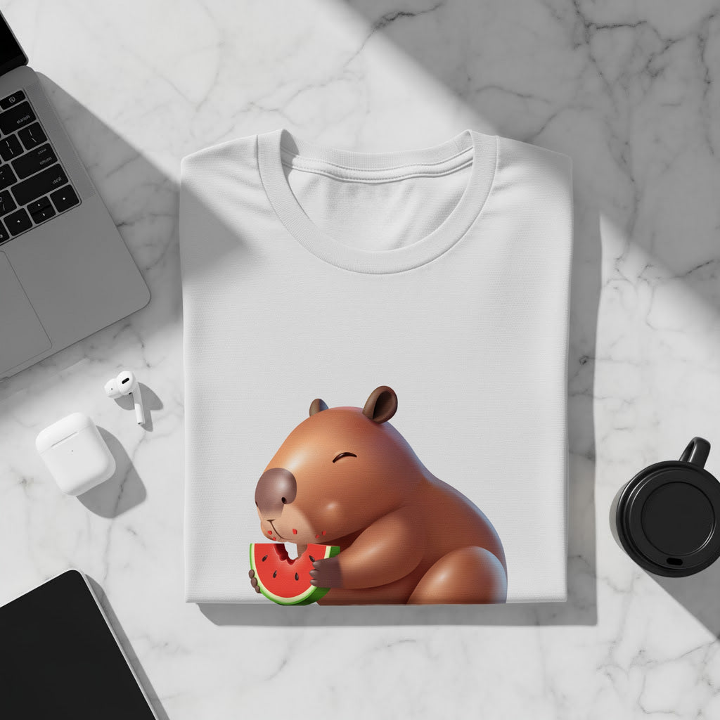 White t-shirt with a cartoon capybara eating watermelon graphic.
