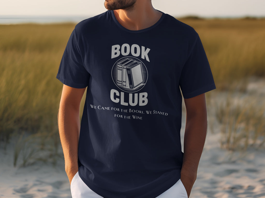 Navy t-shirt with "Book Club" text, three books, and "We came for the books. We stayed for the wine."