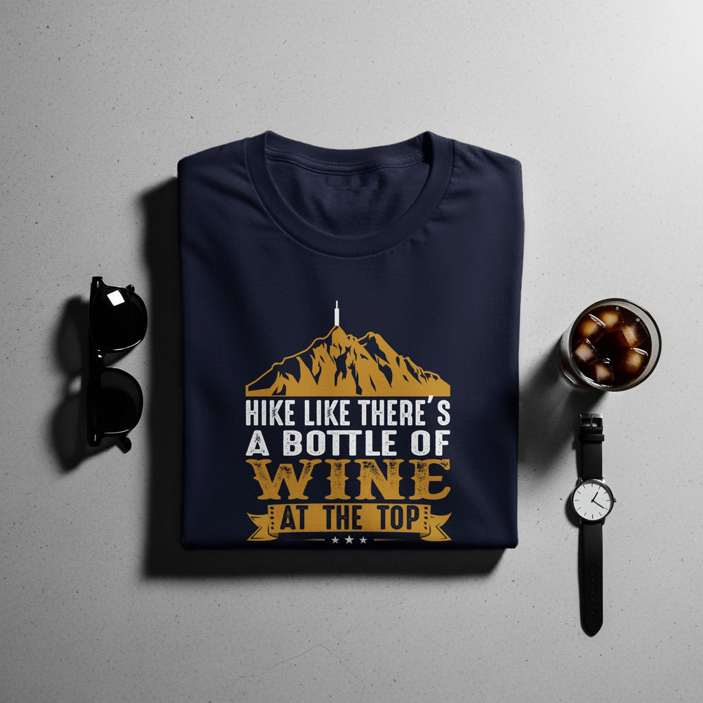 Navy t-shirt with "Hike Like There's A Bottle Of Wine At The Top" graphic.