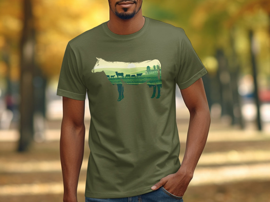 Green t-shirt with a cow silhouette filled with a pastoral landscape scene.
