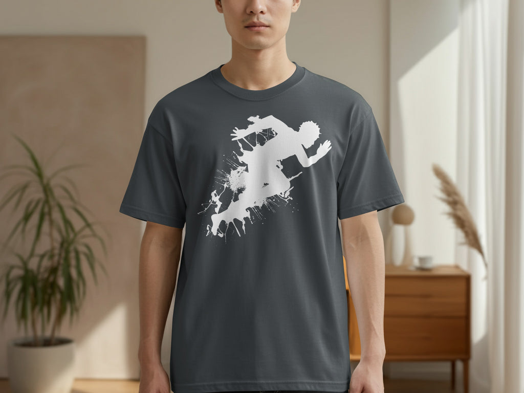Dark grey t-shirt with a white ink splatter runner graphic.