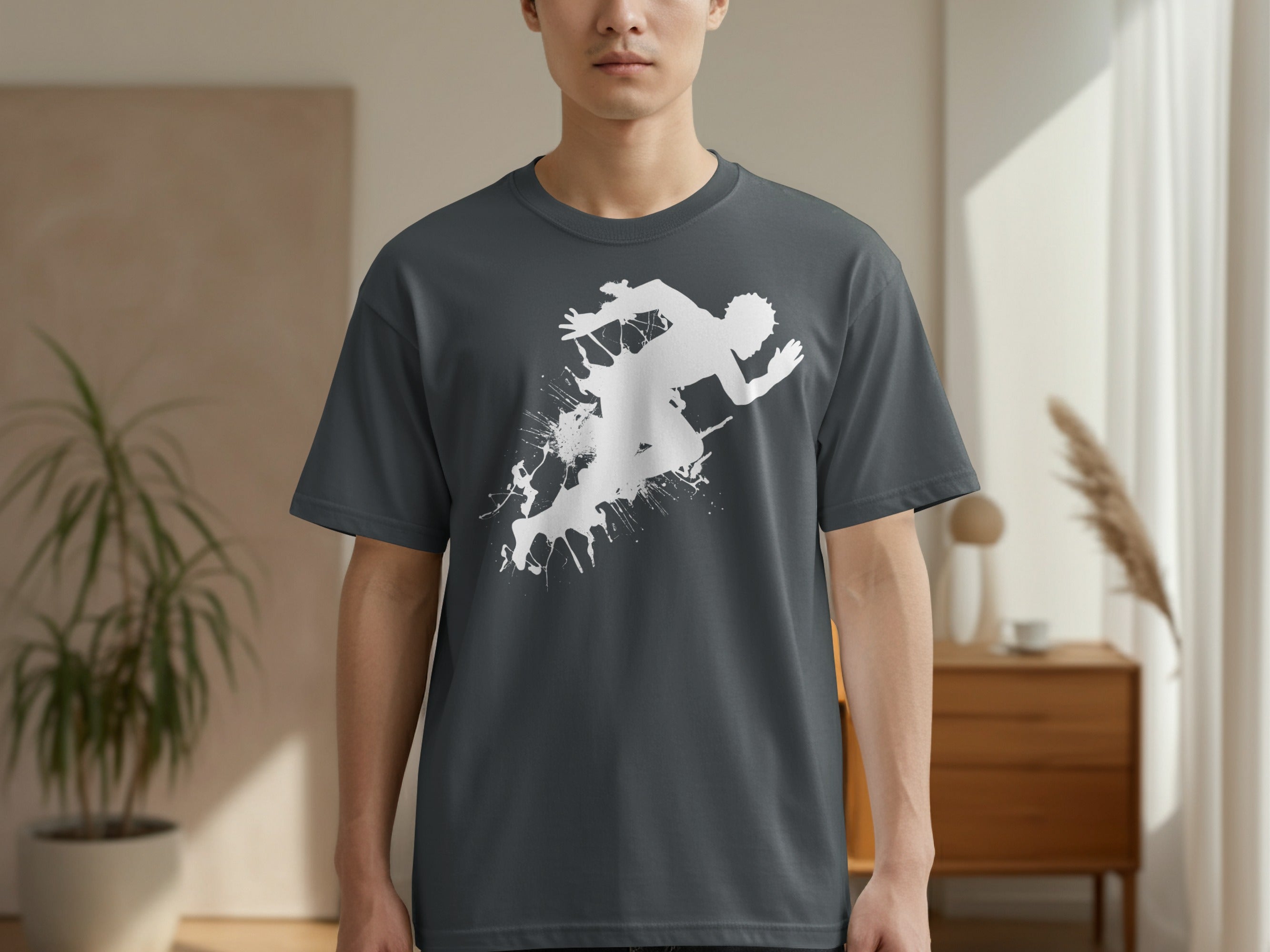 Dark grey t-shirt with a white ink splatter runner graphic.