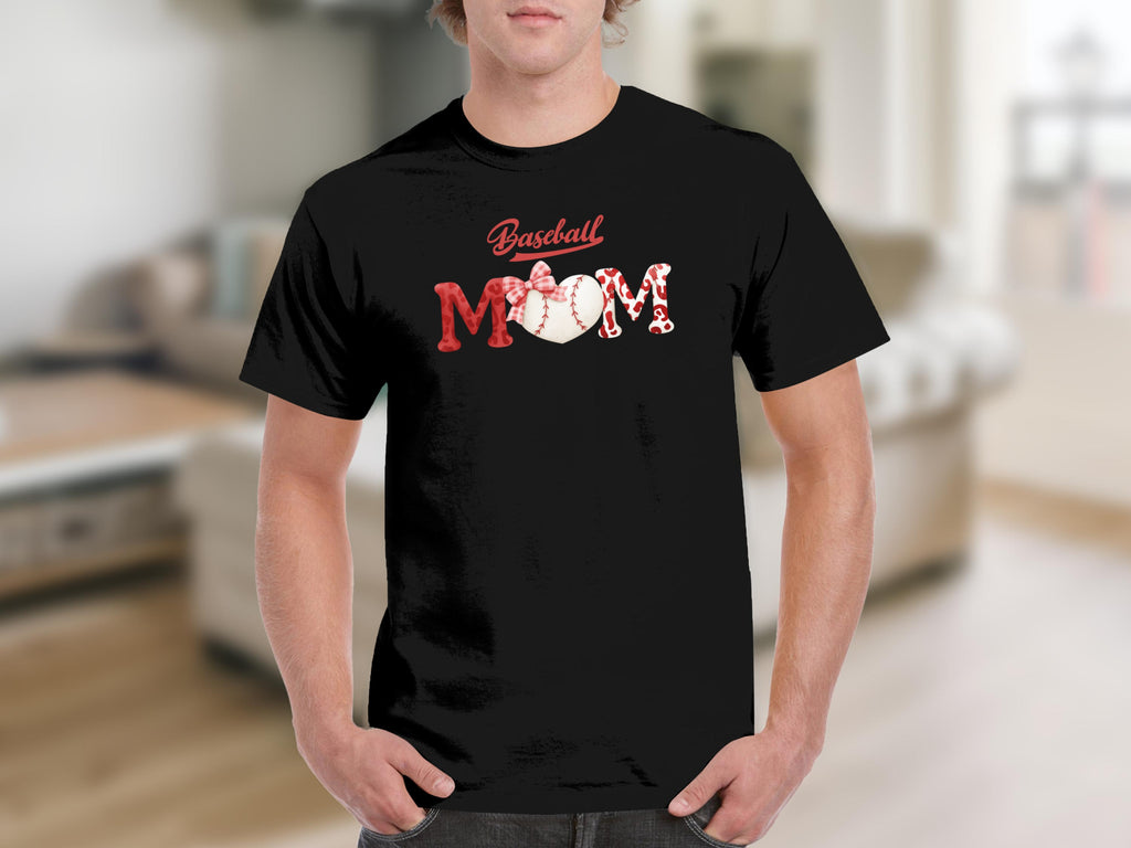 Black t-shirt with "Baseball MOM" text featuring a baseball heart and red bow.