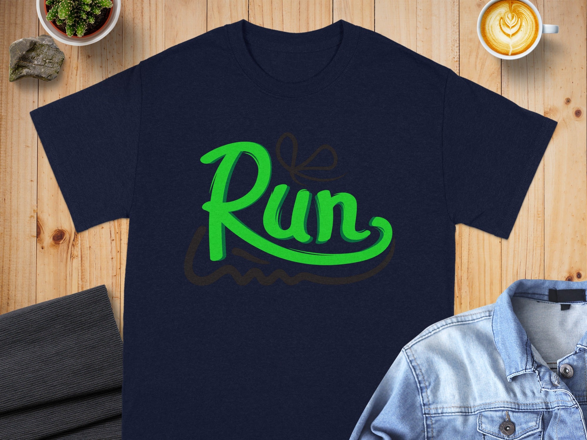Navy blue t-shirt with green "Run" graphic and brown outline.