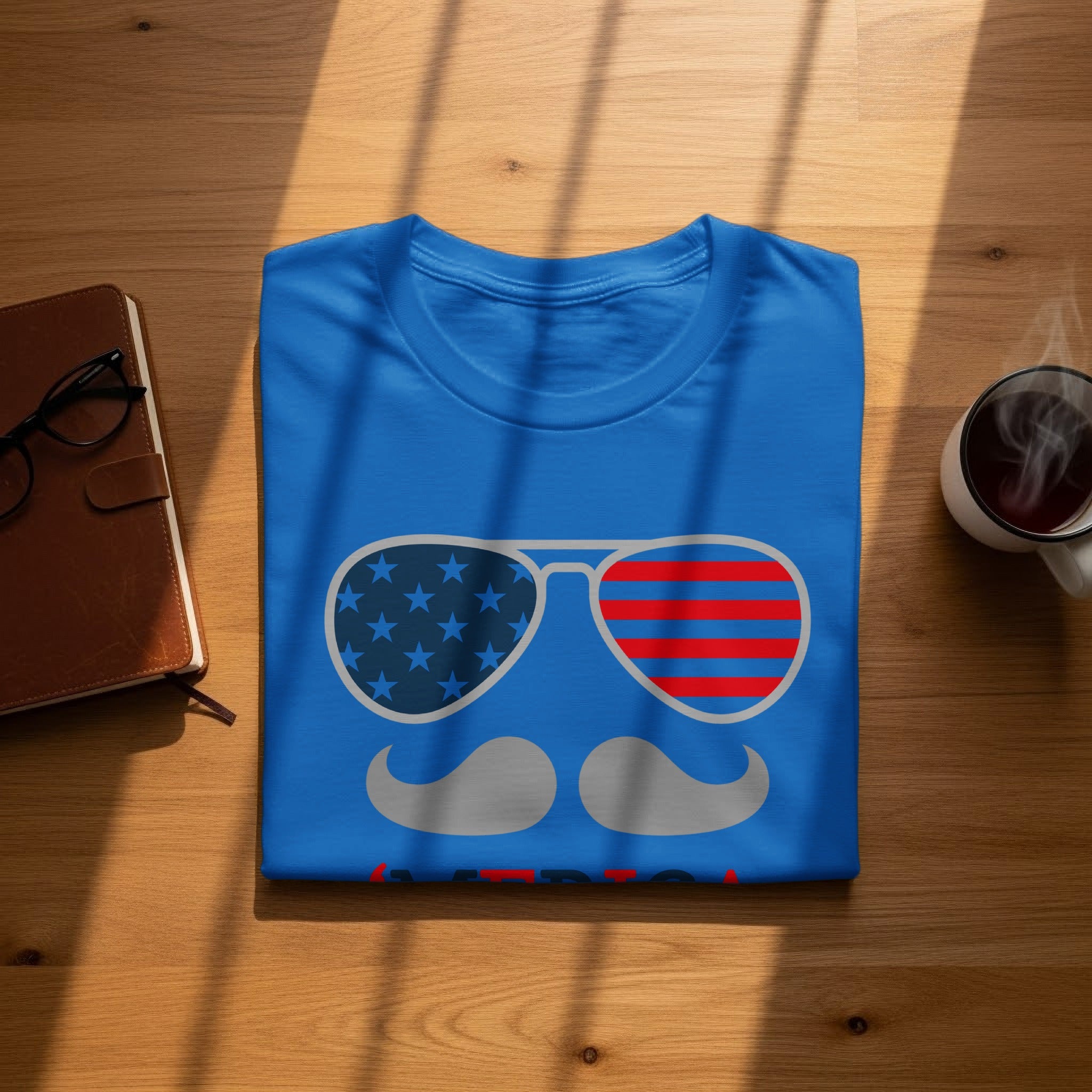 Blue t-shirt with patriotic sunglasses, mustache, and "America" text.