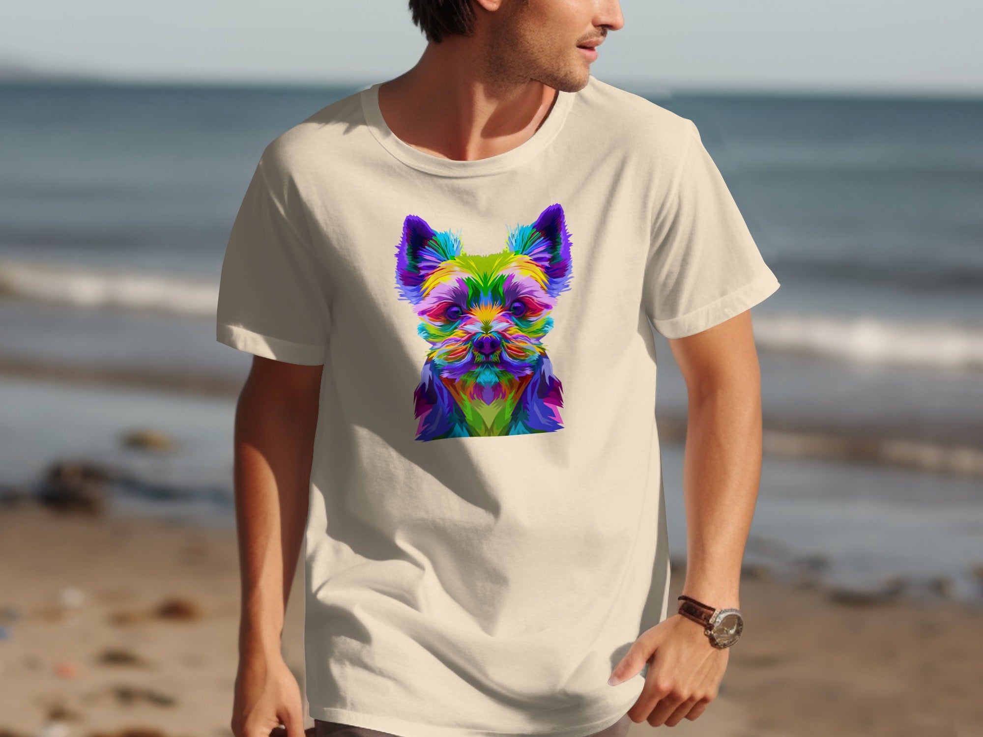 Cream t-shirt with colorful abstract dog face design.