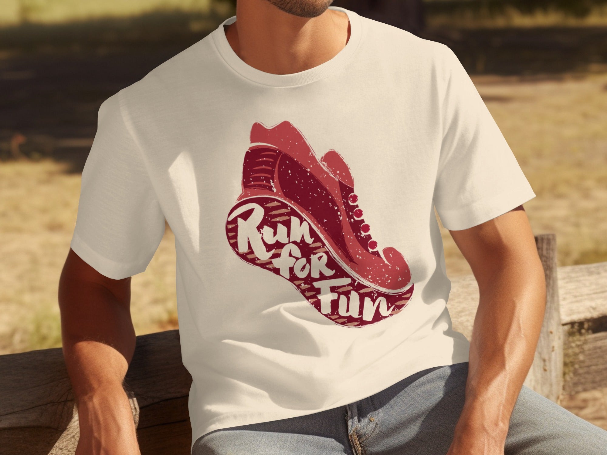 Loose fit t-shirt with "Run for Fun" text inside a red sneaker graphic.
