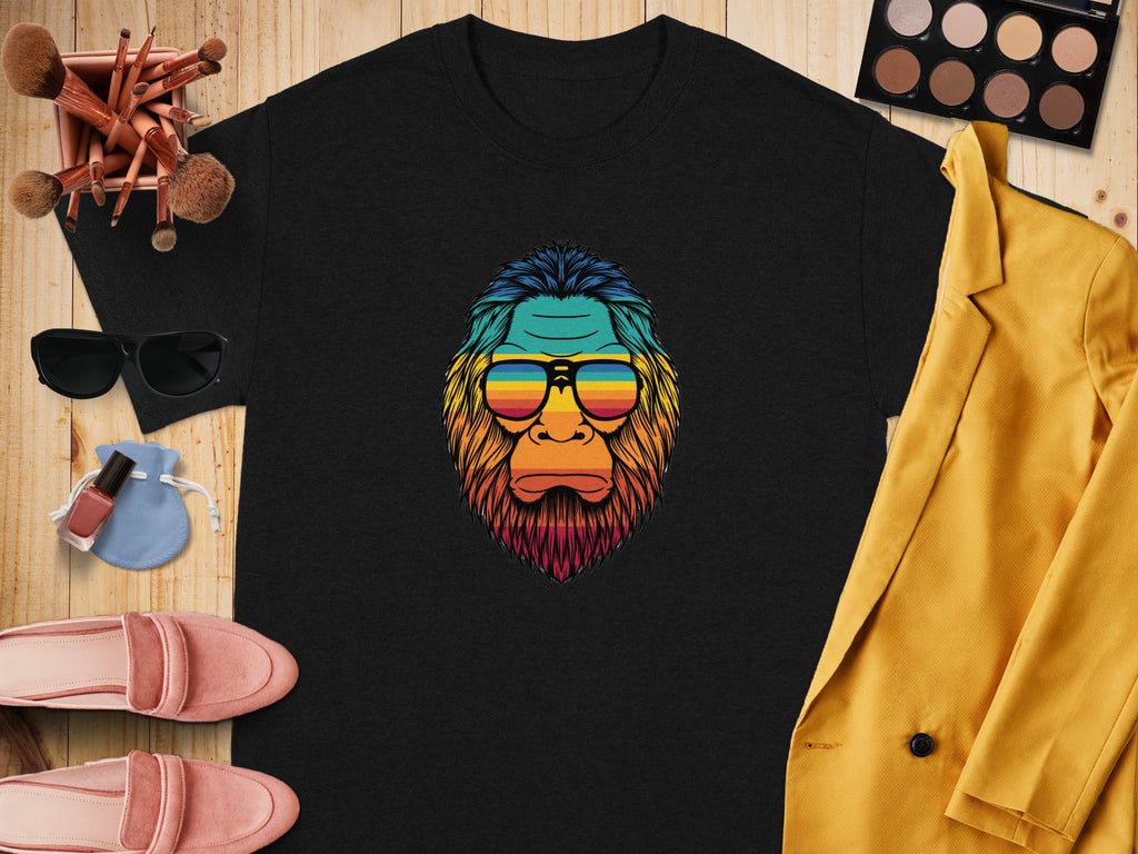 Black t-shirt with colorful Bigfoot graphic wearing rainbow sunglasses.
