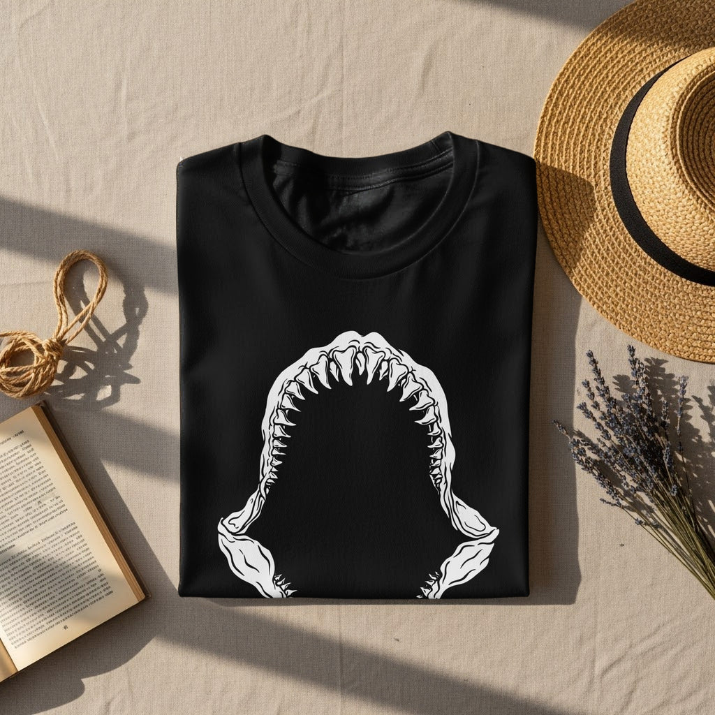 Black t-shirt with white shark jaw graphic, laid flat with straw hat and book.