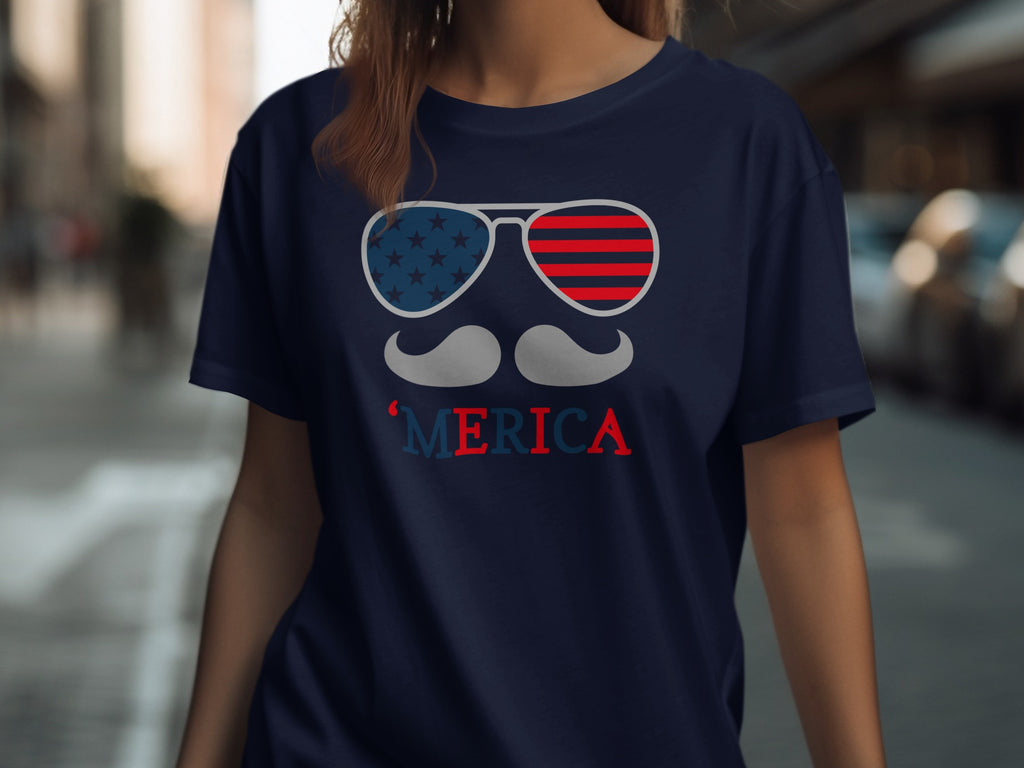Navy t-shirt with aviator sunglasses, mustache, and 'Merica text.