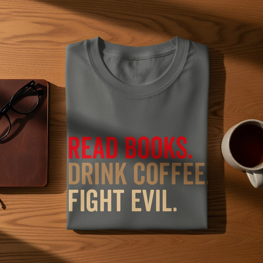 Gray t-shirt with text "READ BOOKS. DRINK COFFEE. FIGHT EVIL."