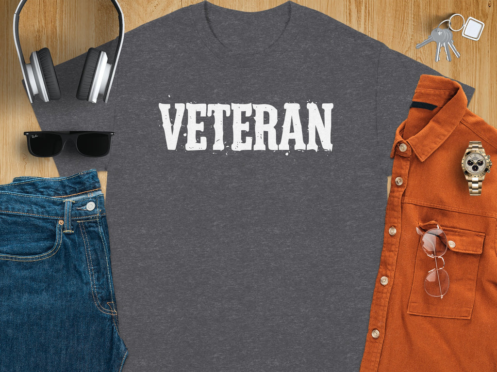 Dark grey t-shirt with white distressed "VETERAN" text.