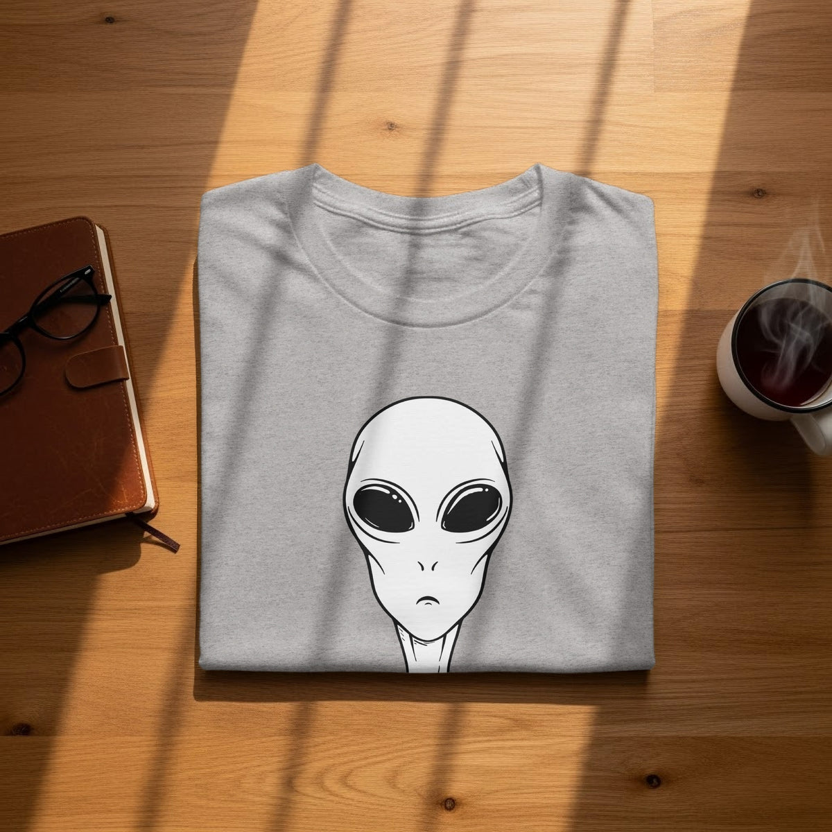 Grey t-shirt with a stylized alien face graphic on the front.