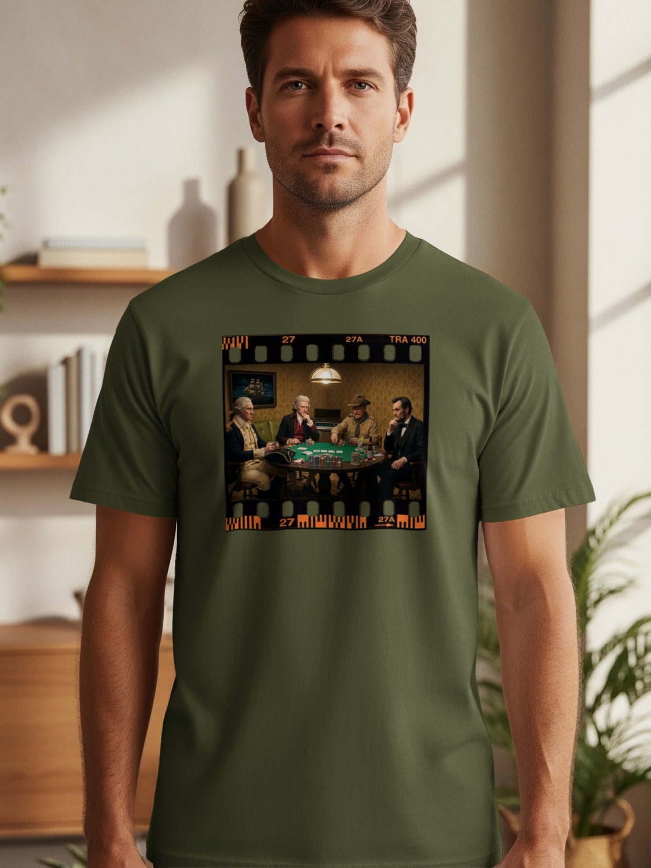 Four historical figures play poker inside a film strip frame.