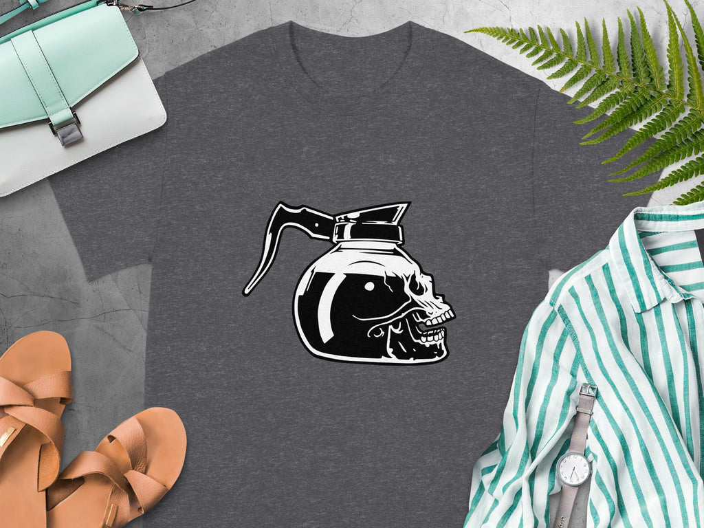 Dark grey t-shirt with a black and white skull coffee pot design.