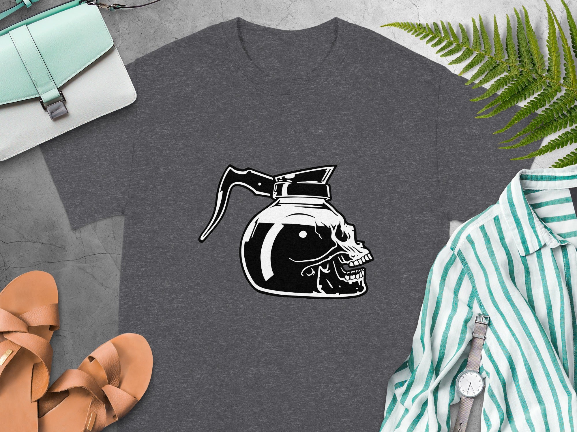 Dark grey t-shirt with a black and white skull coffee pot design.