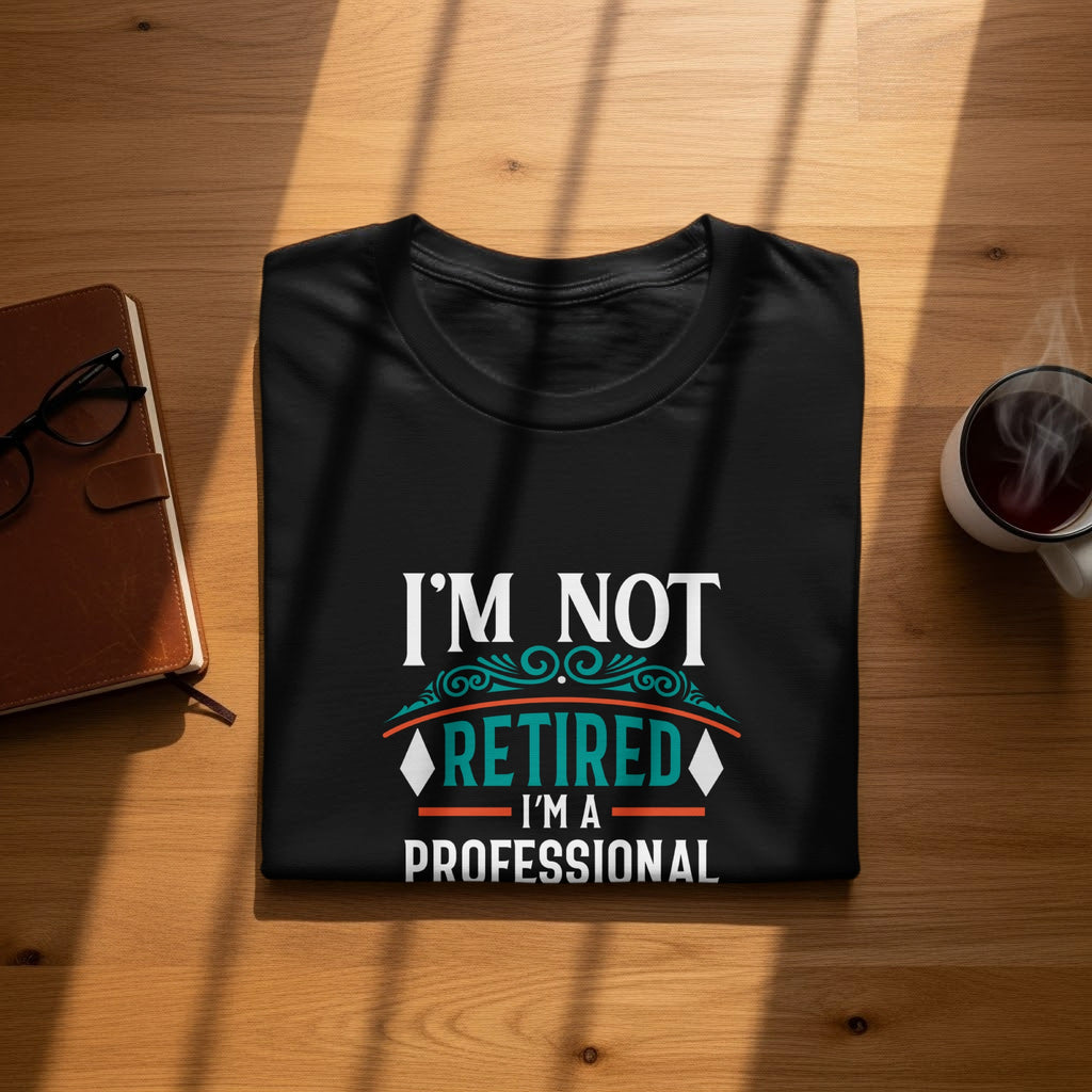 Black t-shirt with "I'm Not Retired I'm a Professional" text.