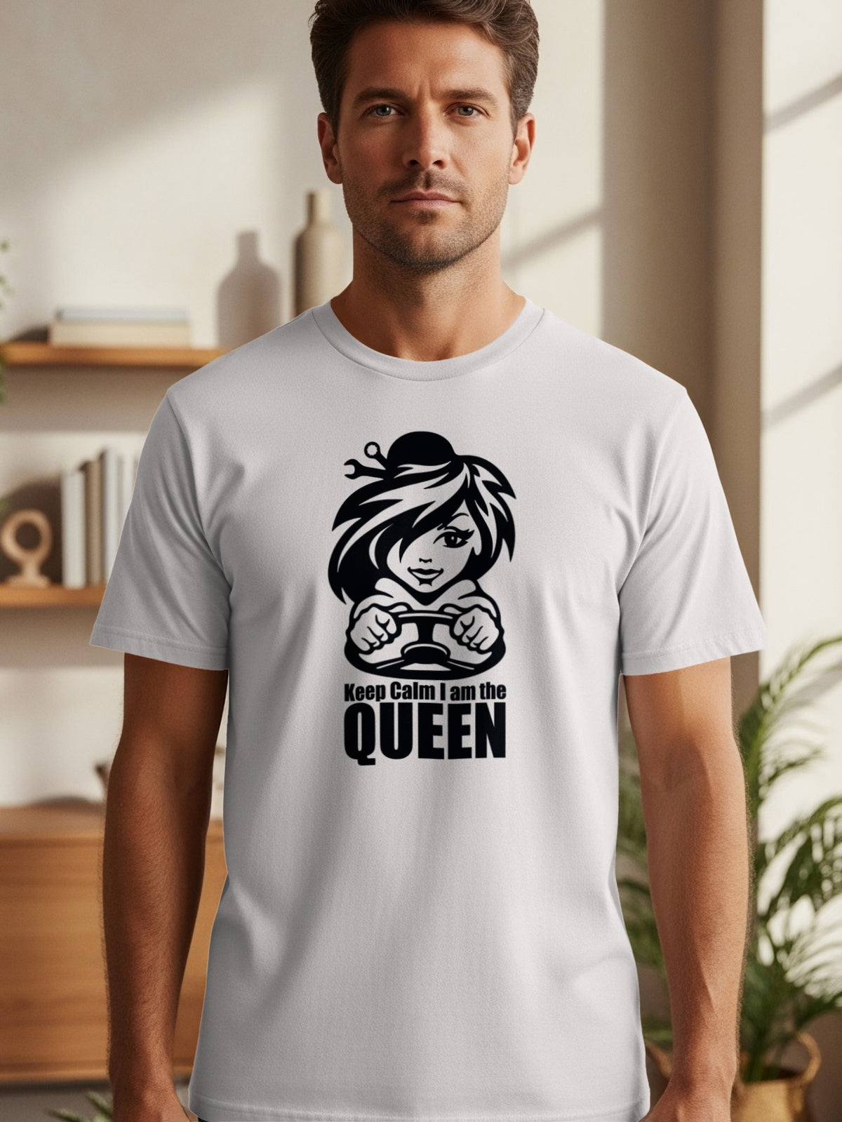 Black graphic on white t-shirt with text "Keep Calm I am the QUEEN."