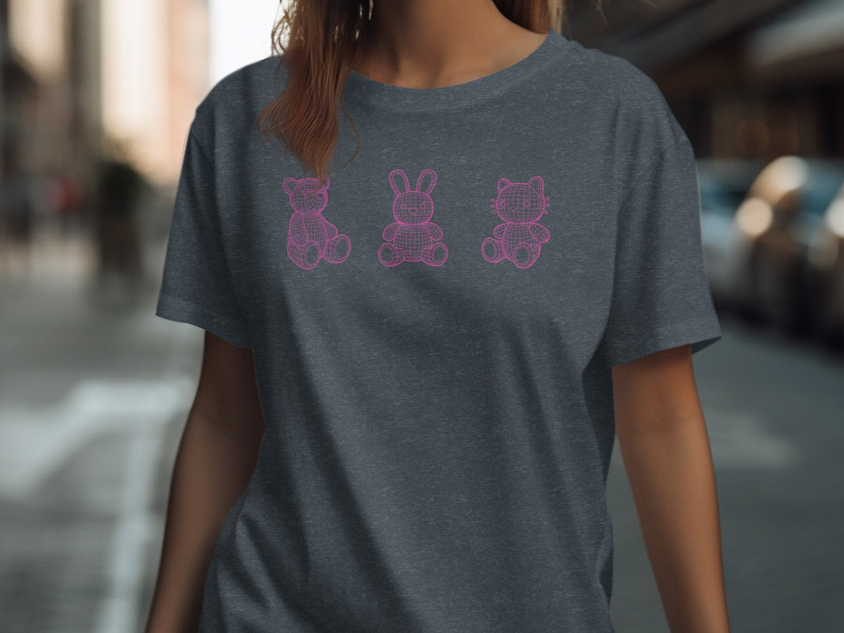 Dark gray t-shirt with three pink wireframe cartoon animals: bear, bunny, and cat.