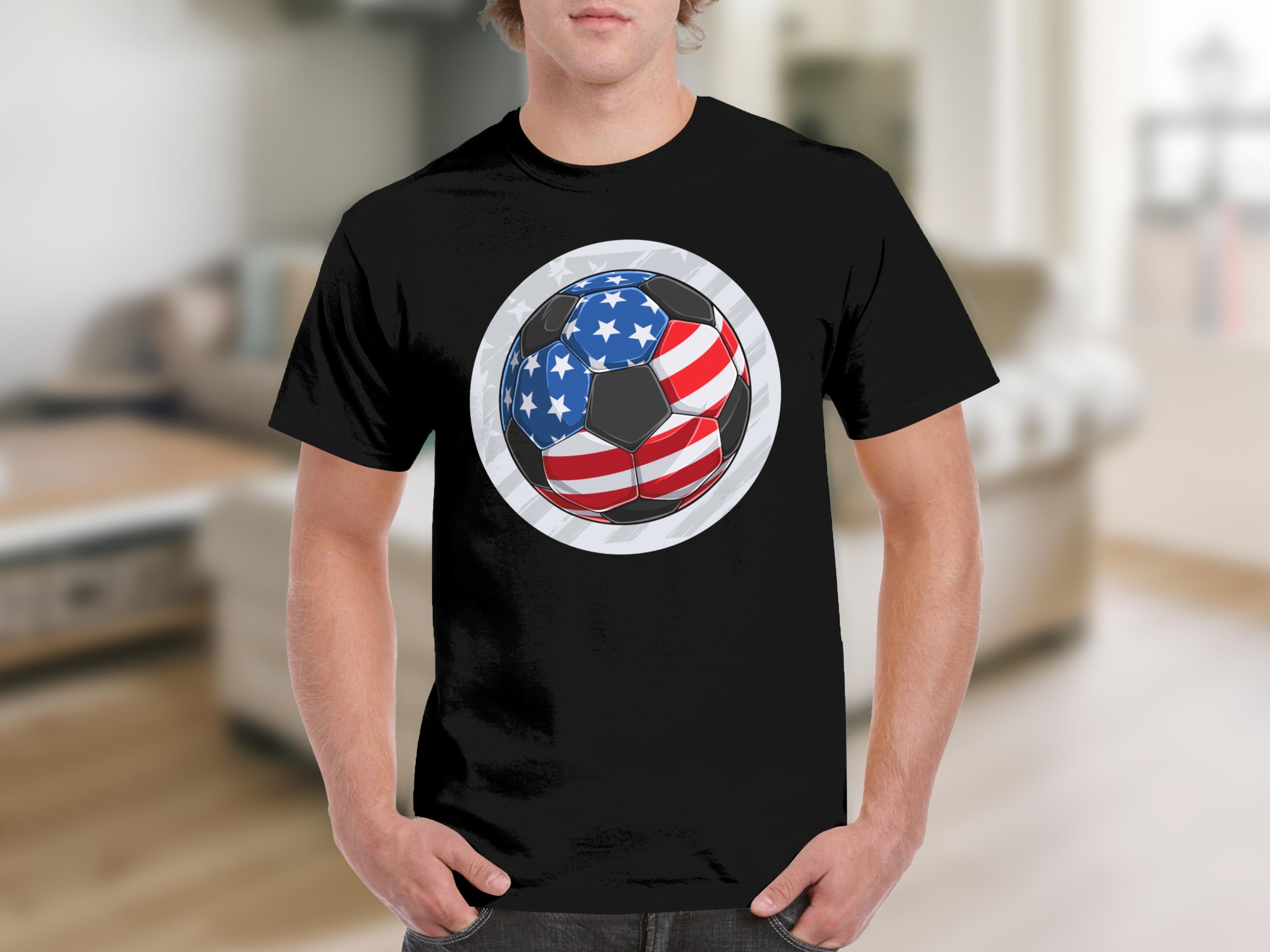 Black t-shirt with a soccer ball graphic of the American flag.