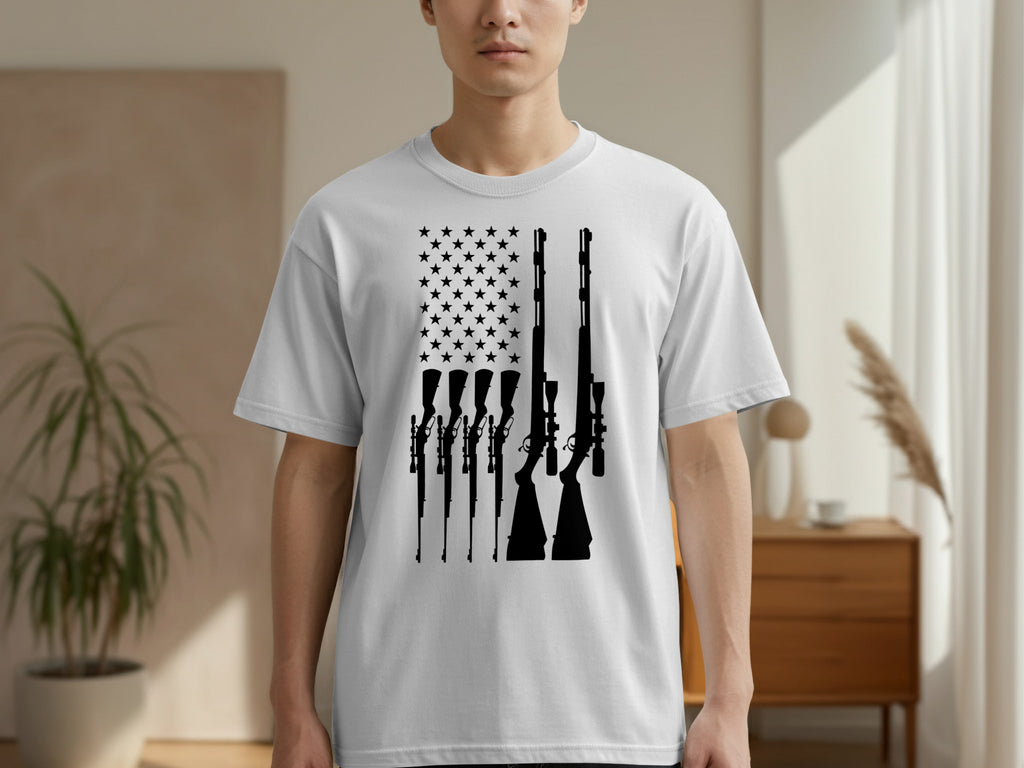 White t-shirt with black rifles forming an American flag design.