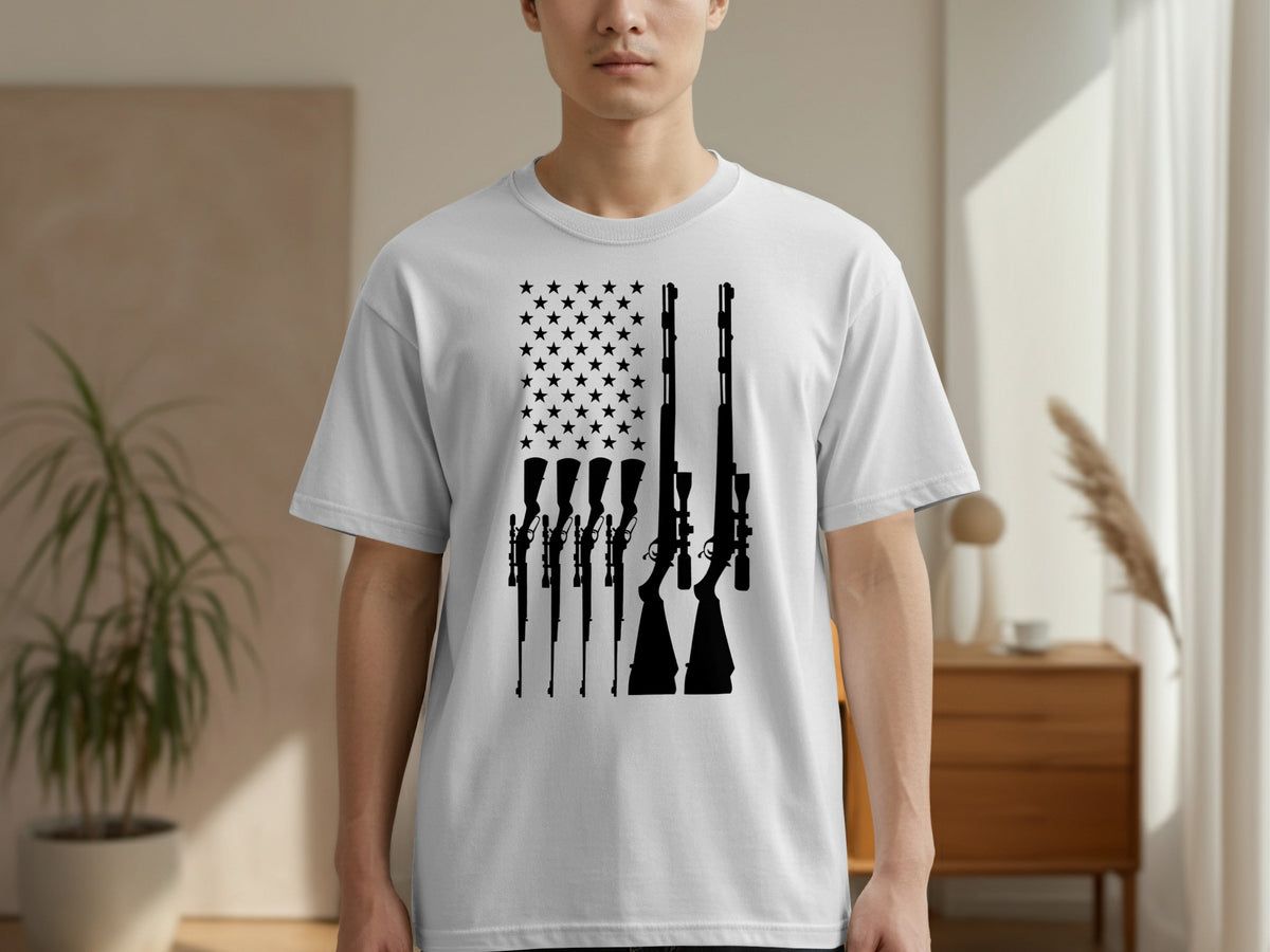 White t-shirt with black rifles forming an American flag design.