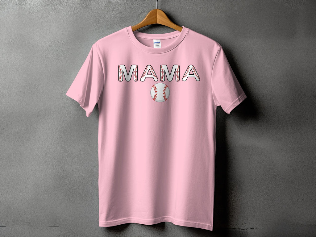Pink t-shirt with "MAMA" text in baseball stitch font and baseball graphic.