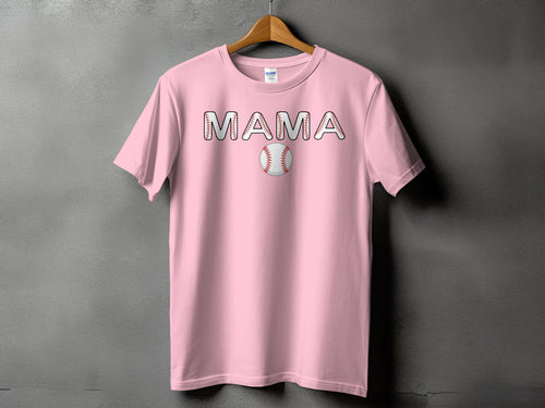 Pink t-shirt with "MAMA" text in baseball stitch font and baseball graphic.