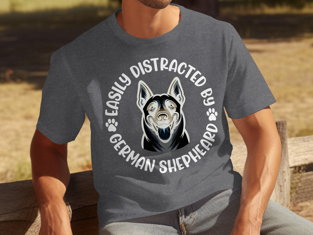 Dark gray t-shirt with a graphic featuring a German Shepherd and text.