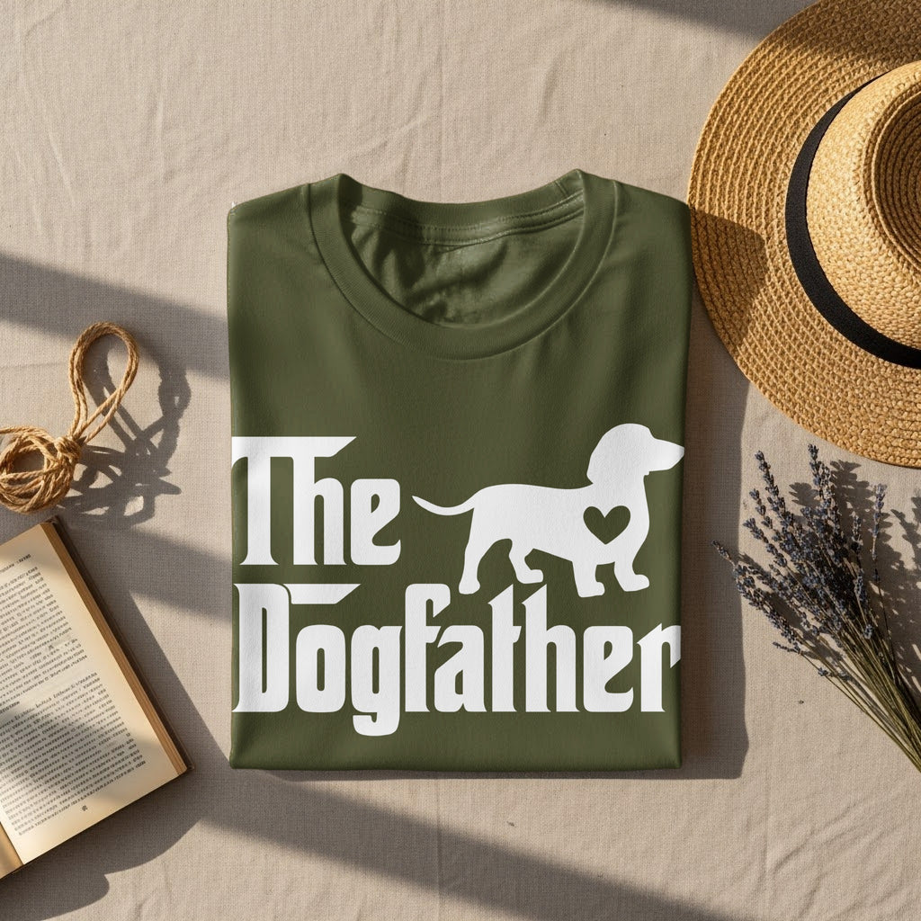 Green t-shirt with white "The Dogfather" text and dachshund silhouette.
