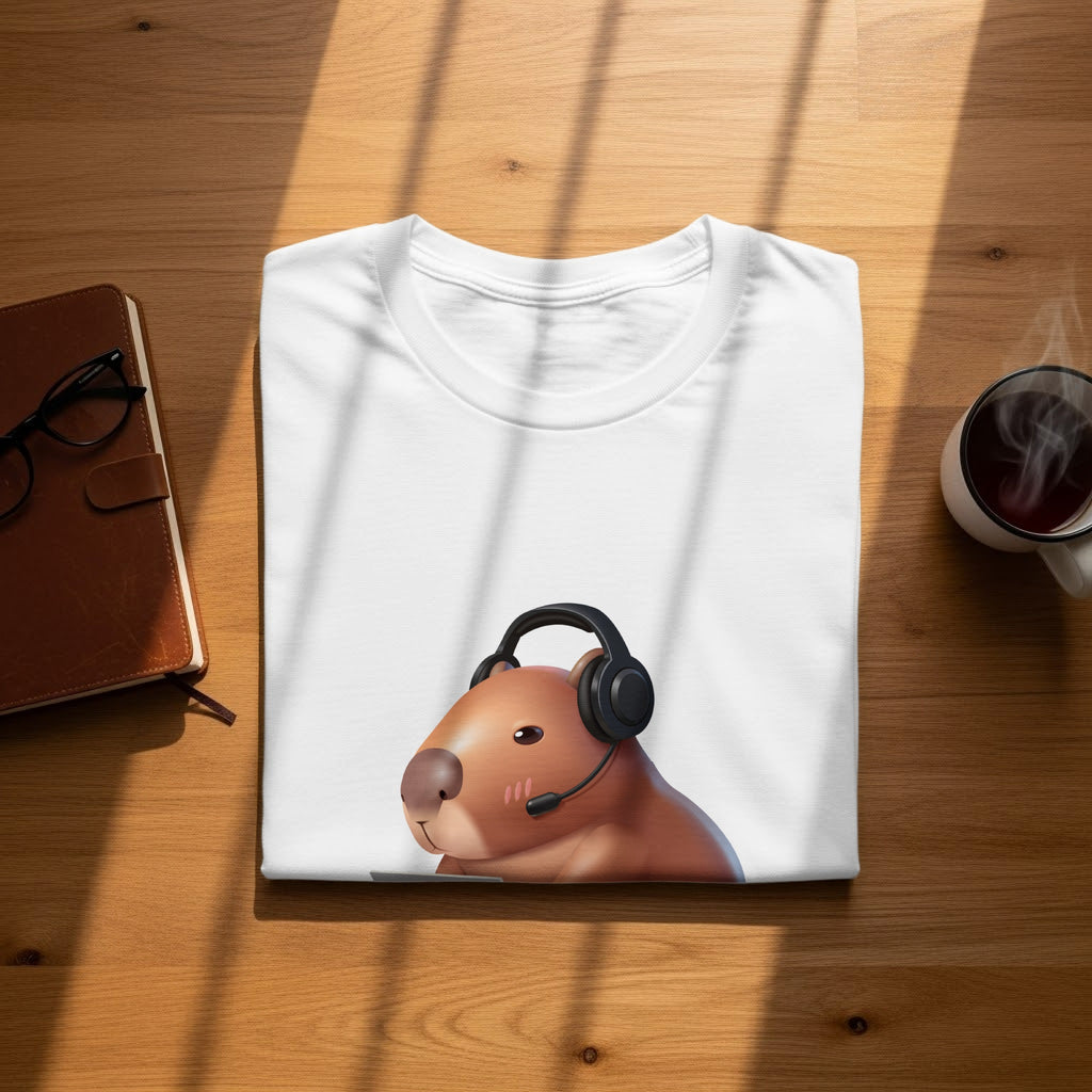 White t-shirt with a capybara wearing headphones and a headset.