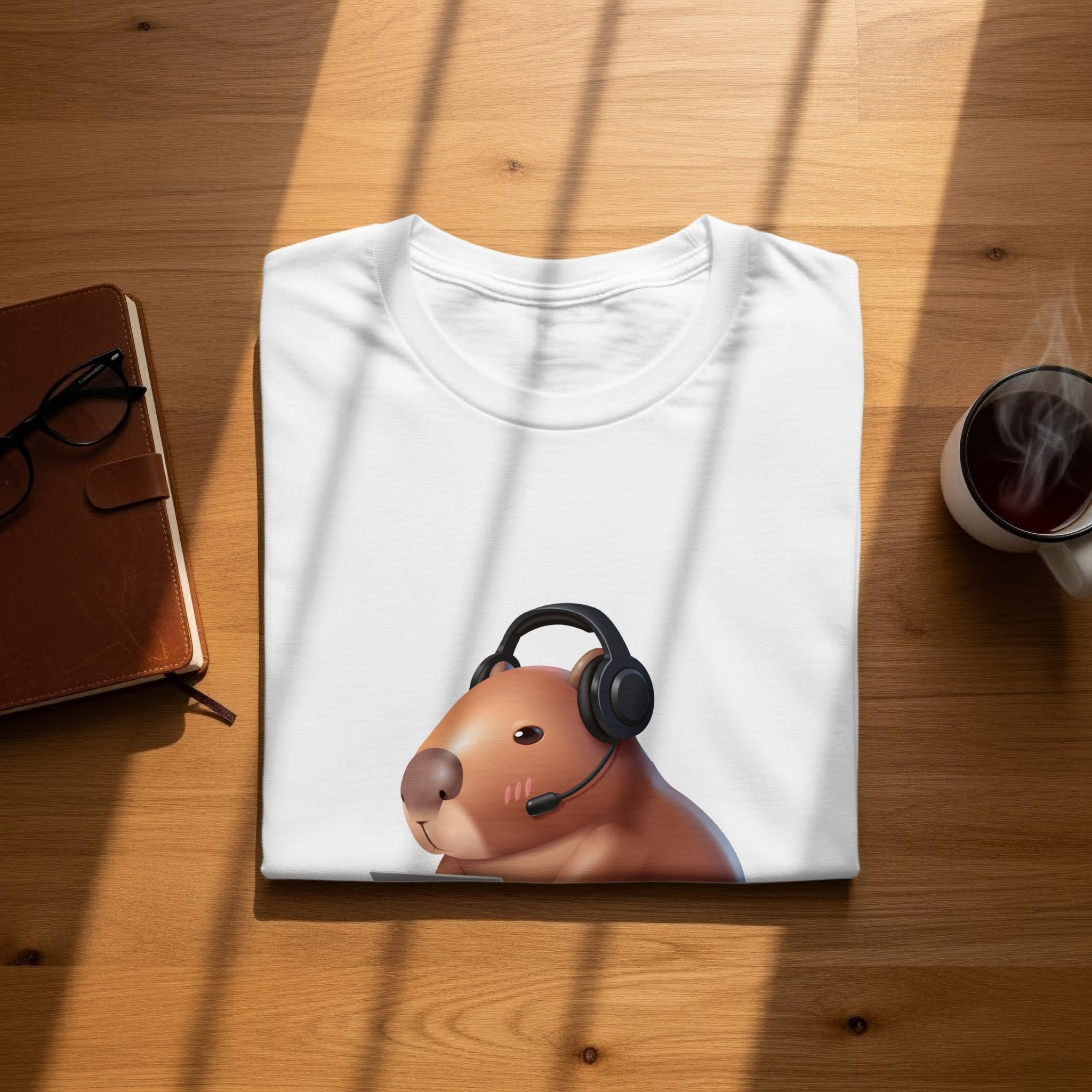 White t-shirt with a capybara wearing headphones and a headset.