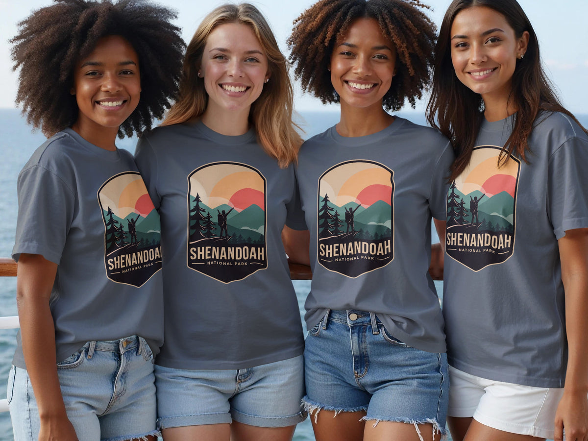 Four women wear t-shirts with a "Shenandoah National Park" graphic.