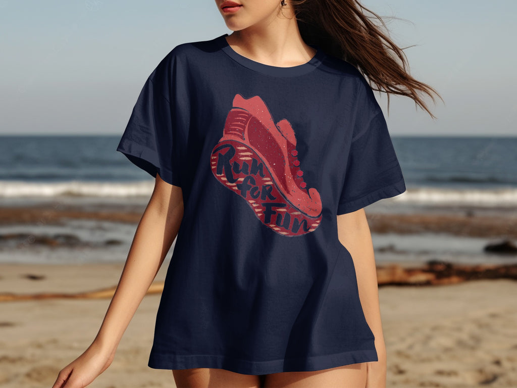 Navy t-shirt with red sneaker graphic reading "Run for Fun."