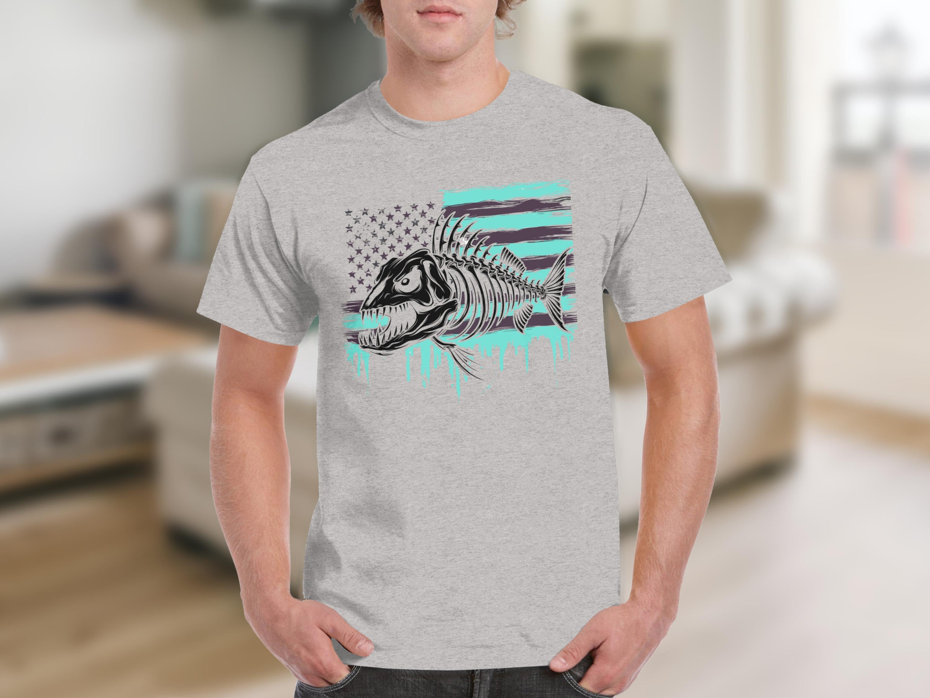 Grey t-shirt with a graphic of a fish skeleton over a distressed American flag.