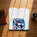 White t-shirt with a graphic of a badger wearing sunglasses and a bow tie.