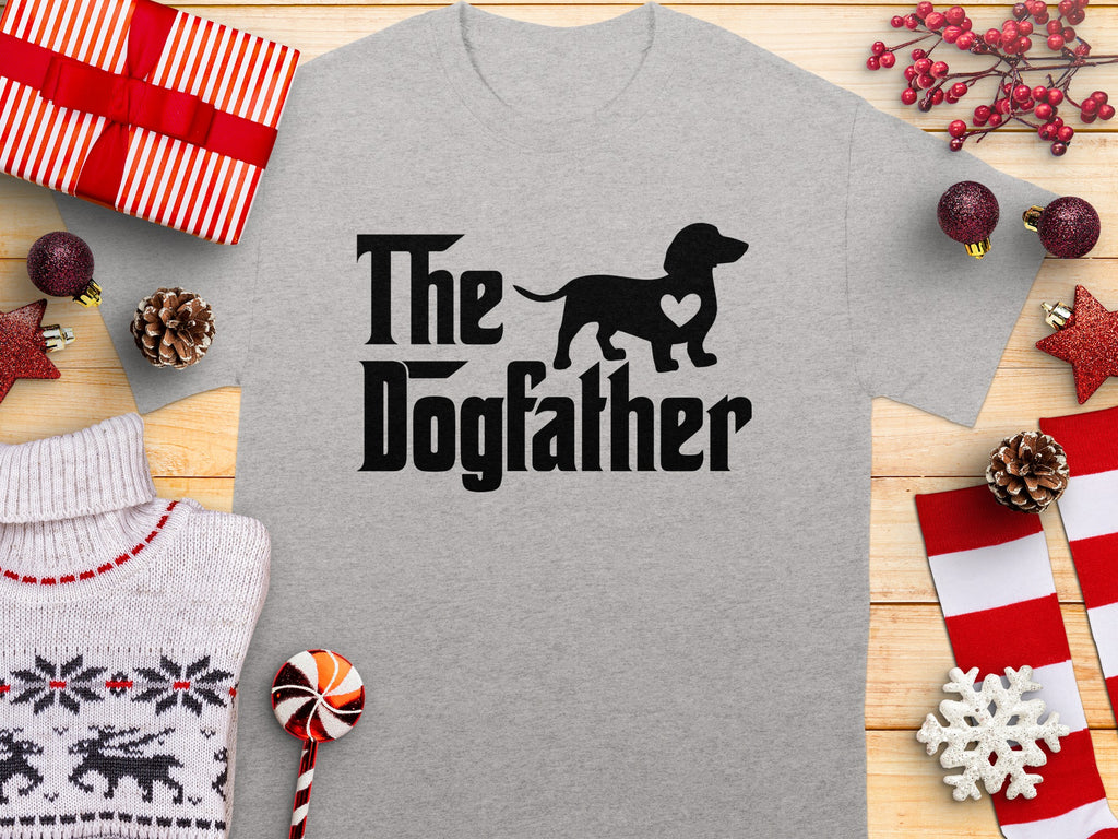 Gray t-shirt with black text "The Dogfather" and a dachshund silhouette.
