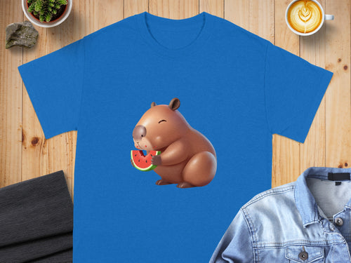 Blue t-shirt featuring cartoon capybara eating watermelon slice.