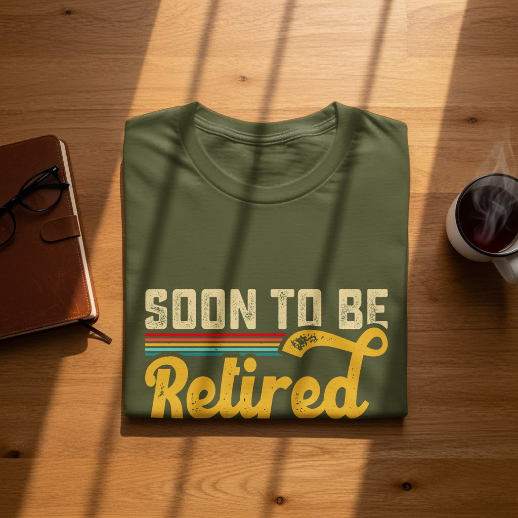 Green t-shirt with "Soon to Be Retired" text and a ribbon design.
