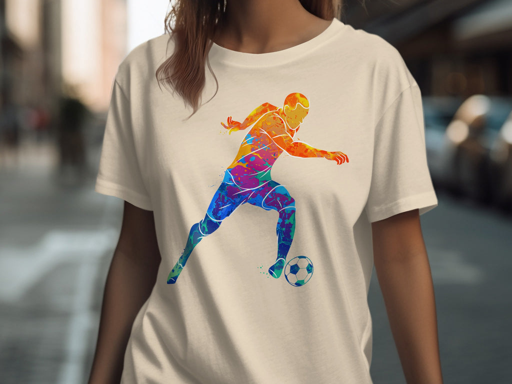 T-shirt with colorful abstract soccer player dribbling a ball.