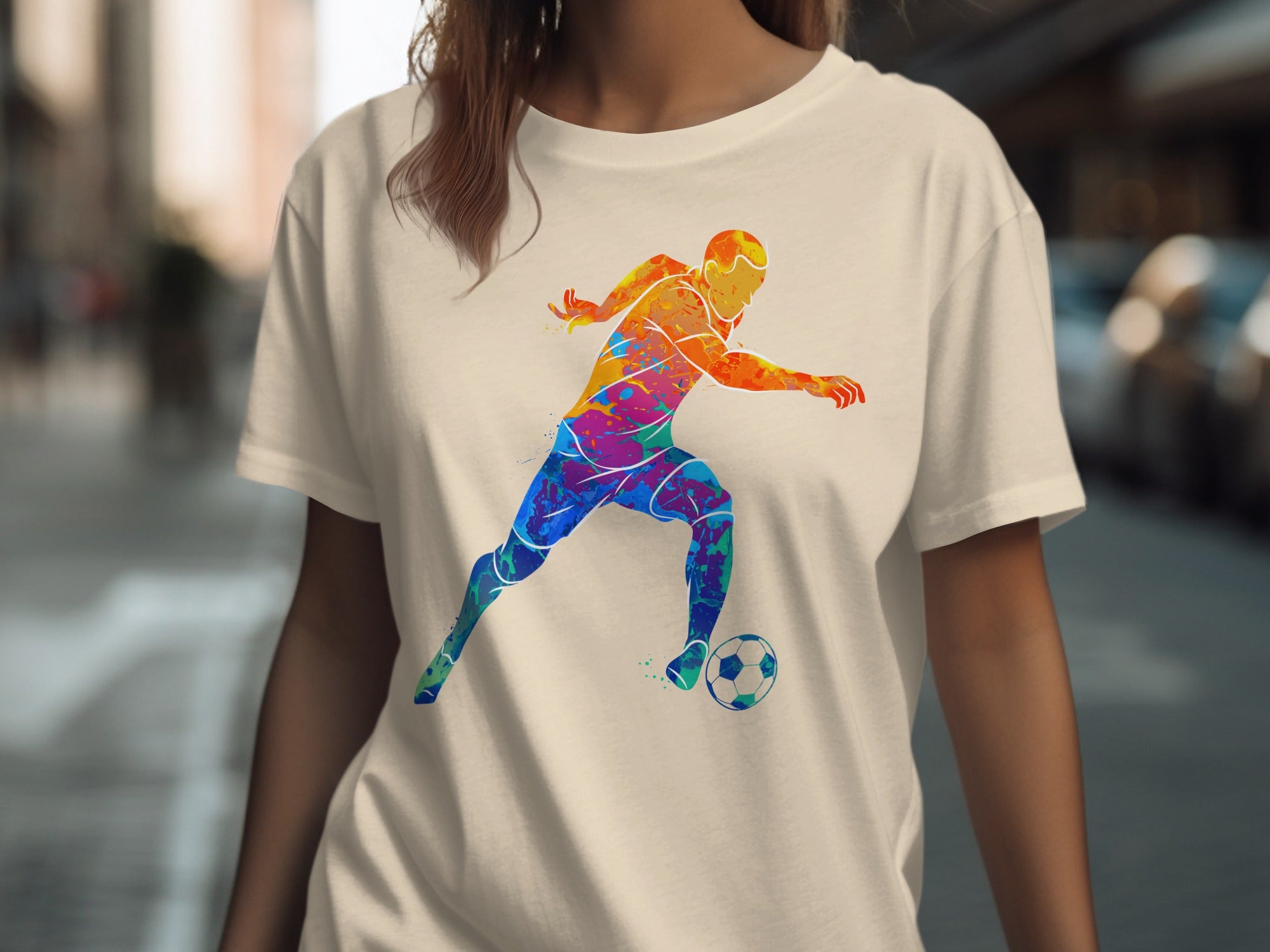 T-shirt with colorful abstract soccer player dribbling a ball.