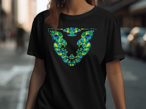 Black t-shirt with a geometric jaguar head design in blue, green, and yellow.