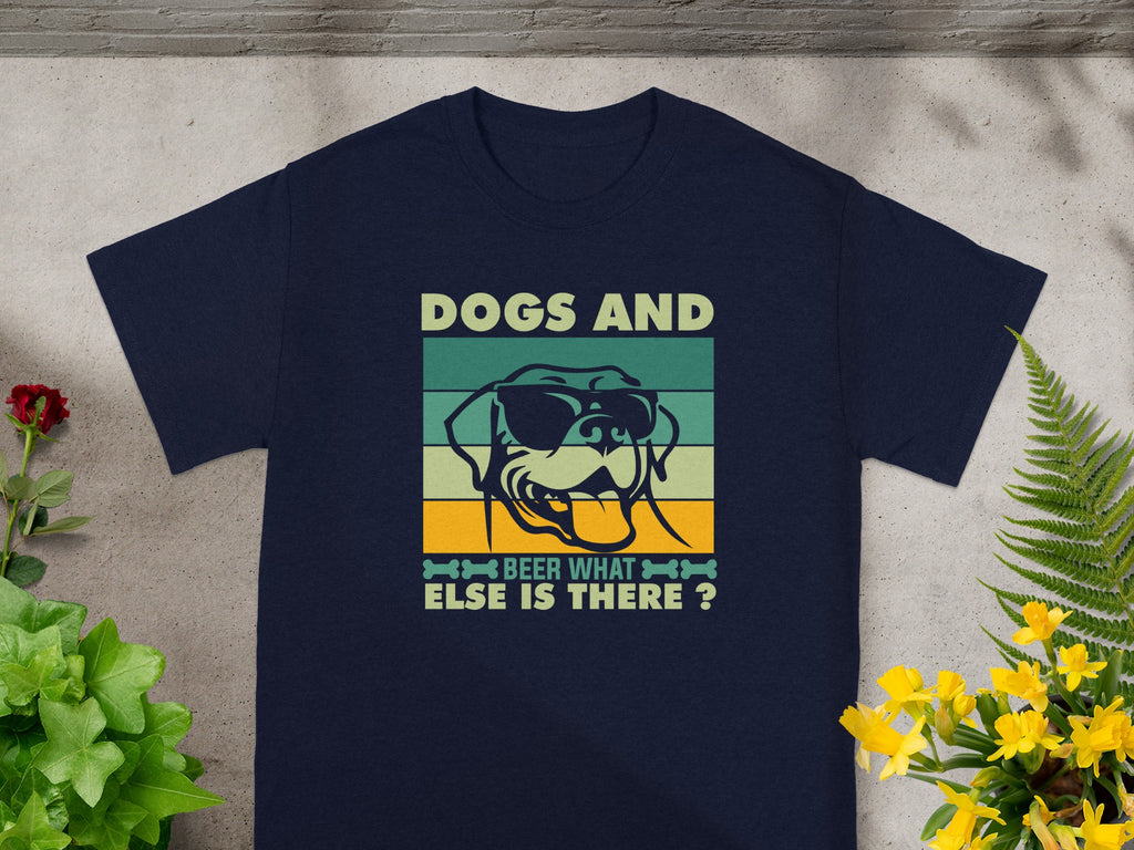 Dark blue t-shirt with a retro graphic of a dog wearing sunglasses and text.