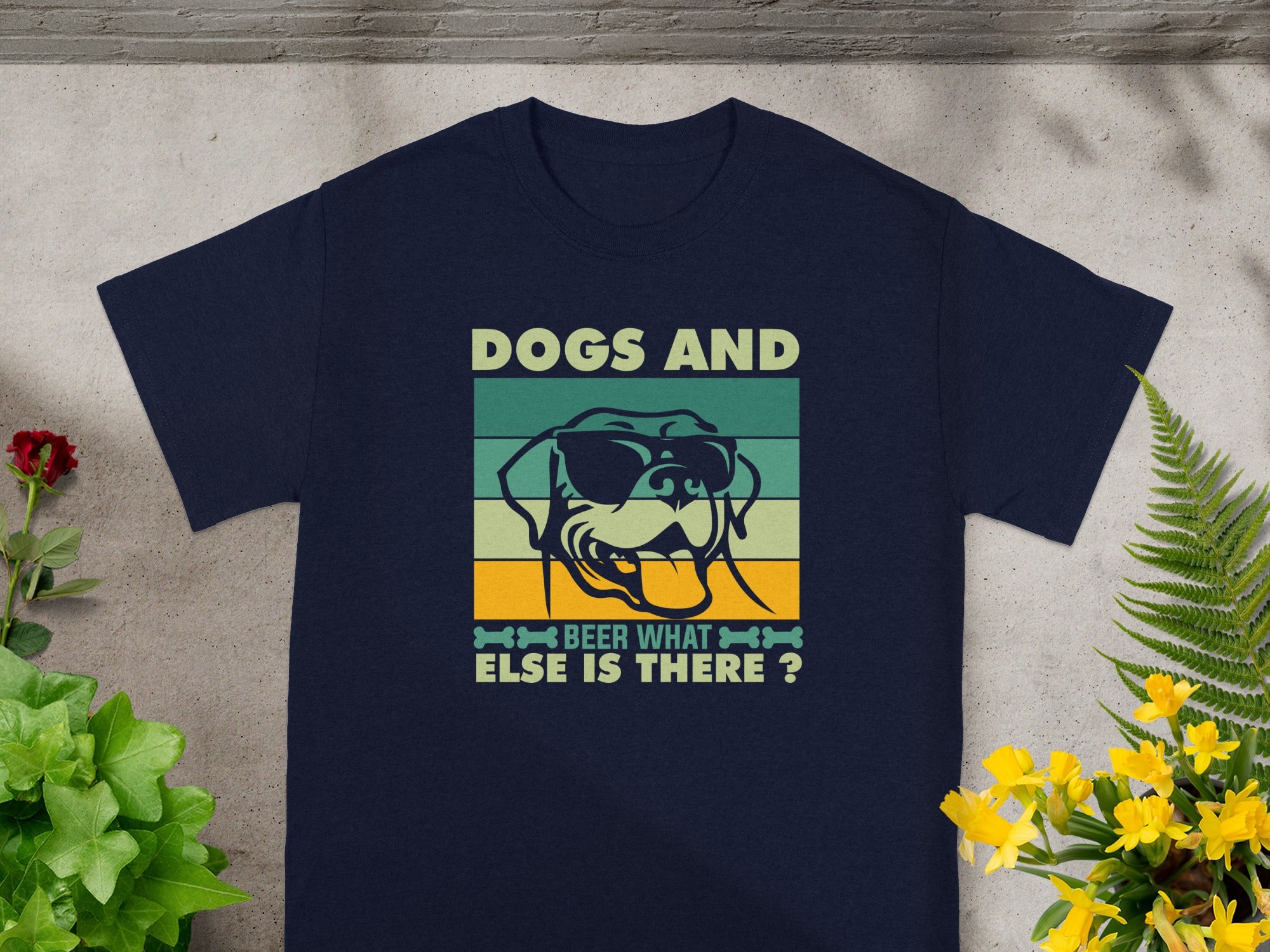 Dark blue t-shirt with a retro graphic of a dog wearing sunglasses and text.