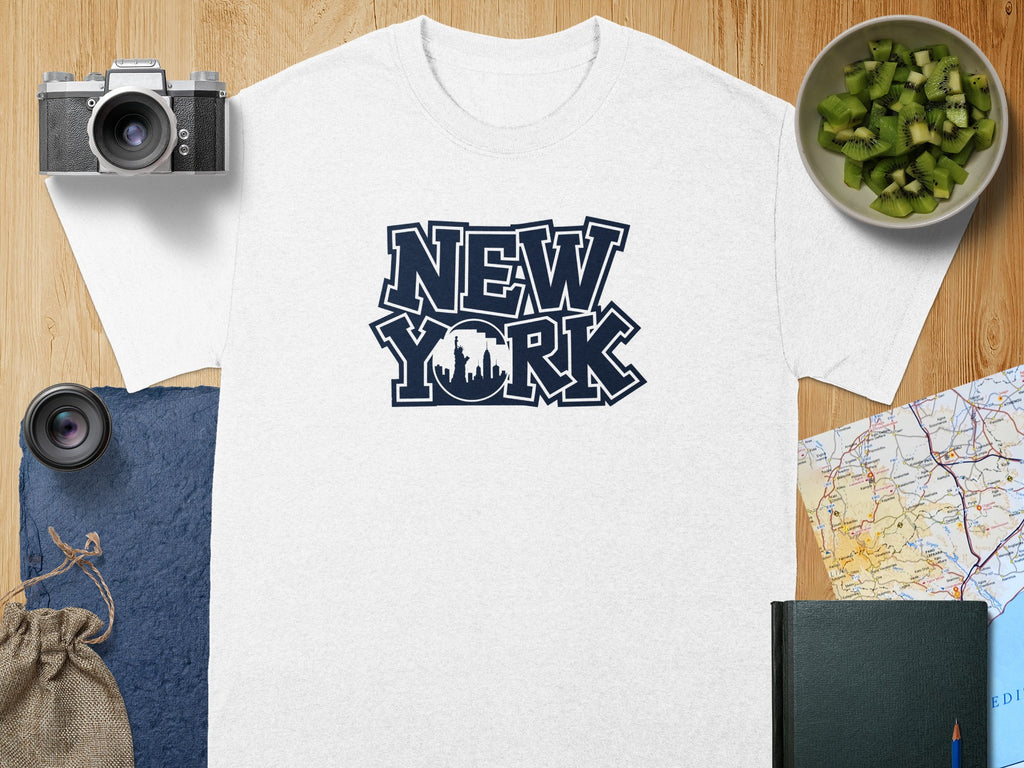 White t-shirt with "New York" text and city skyline graphic.